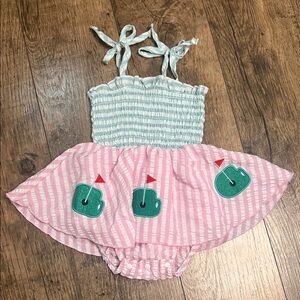 Pink and White Striped Baby Golf Dress with Green Appliqué